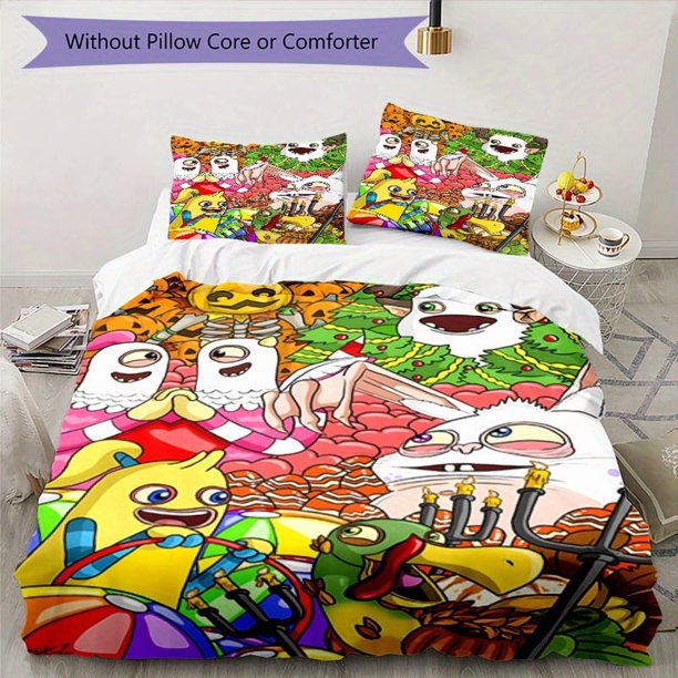 My Singing Monsters-Inspired 3pcs Bedding Set - Includes 1 Cover & 2 Pillowcases, Breathable Polyester, Machine Washable - Perfect for All Seasons S858