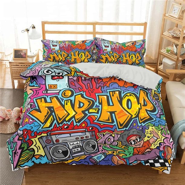 v2656 Bed Sheets Fashion Cartoon Graffiti Print Polyester Bedding Sets Child Kids Covers Boys Bed Linen Set For Teens King Size Home Textiles 3-Piece Bedding Set (1 Duvet Cover + 2 Pillow Shams) Bed S