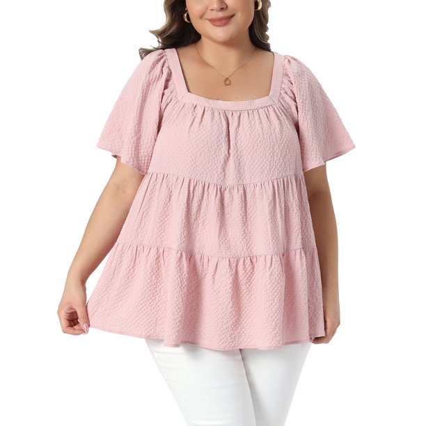 Agnes Orinda Blusas de Mujer Talla Grande para Escuela Colegio Pascua Tops Texturizados Cuello Cuadrado Manga Corta Flowy Swing Peplum Verano Casual Babydoll 4X Rosa