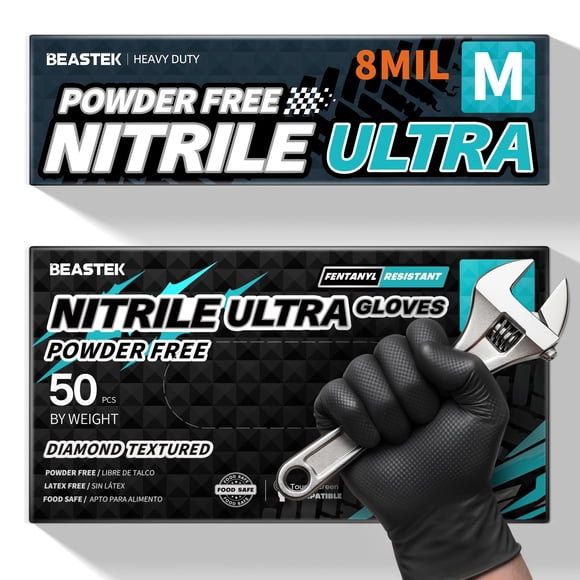Guantes desechables Beastek de nitrilo, 8 mil, sin polvo, negros, 50 unidades