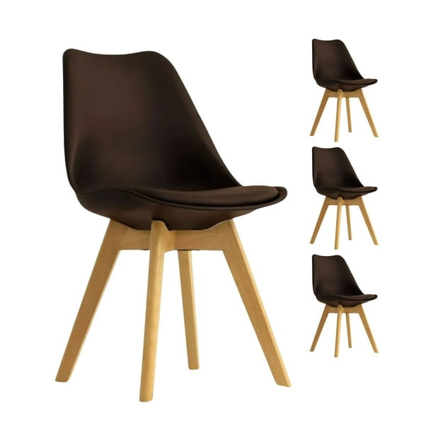 Pack 4 Sillas De Comedor Tulip Tapizado Terciopelo O Felpa Con Base Madera - Café