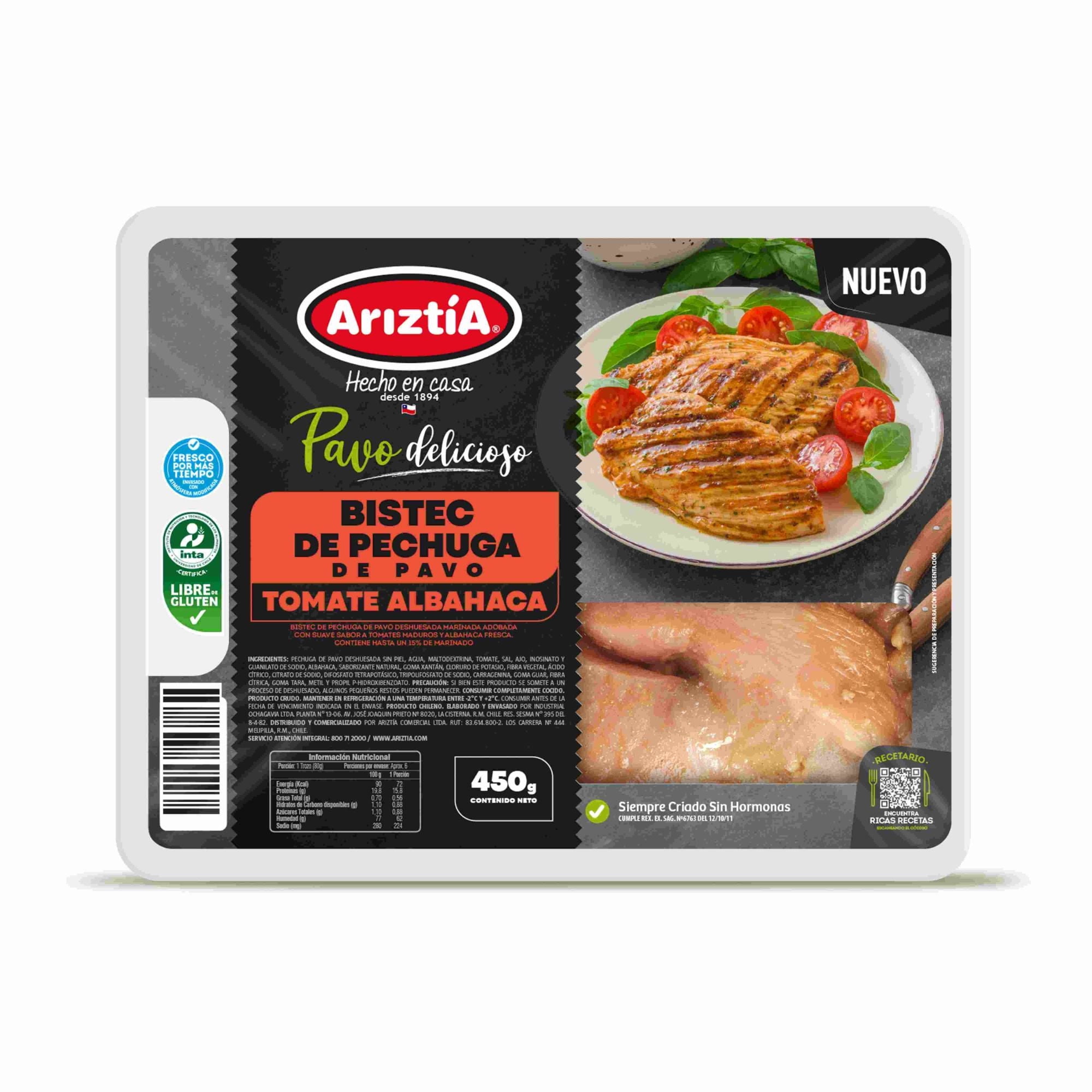 Bistec Pechuga De Pavo Tomate Albahaca 450 g Ariztia