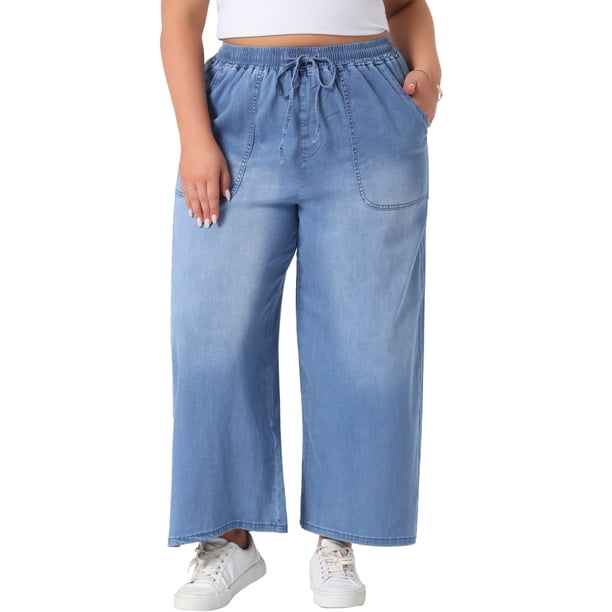 Agnes Orinda Jeans de Talla Grande para Mujer con Cintura Elástica y Cordón, Pantalones de Mezclilla Casuales de Pierna Ancha Chambray Palazzo con Bolsillos 4X Azul Claro