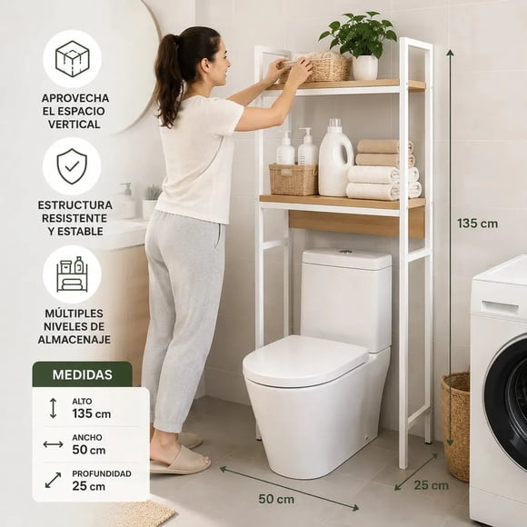 REPISA ORGANIZADOR MADERA Y METAL BAÑO 2 NIVELES 135x50x26