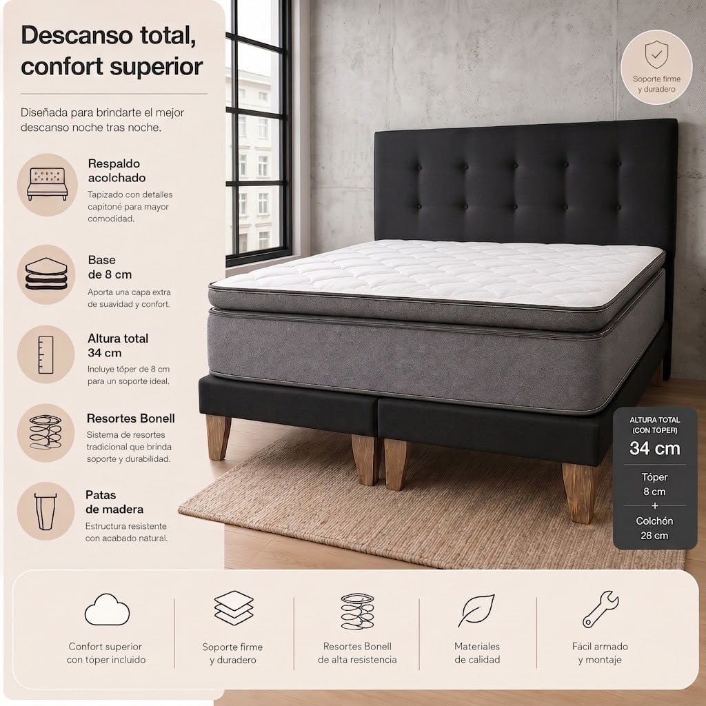Cama 2 Plazas Base Europea + Colchón 34 cm con topper + Resortes Bonnell + Respaldo Tapizado