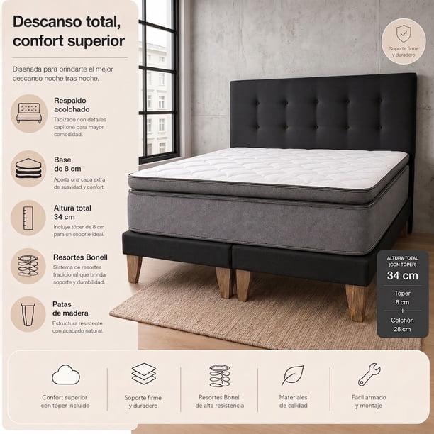 Cama 2 Plazas Base Europea + Colchón 34 cm con topper + Resortes Bonnell + Respaldo Tapizado