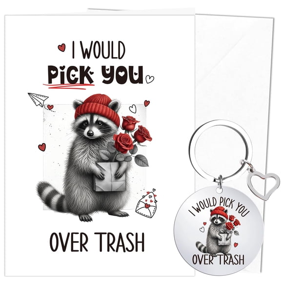 Tarjeta de regalo de San Valentín con diseño de mapache con llavero y sobre