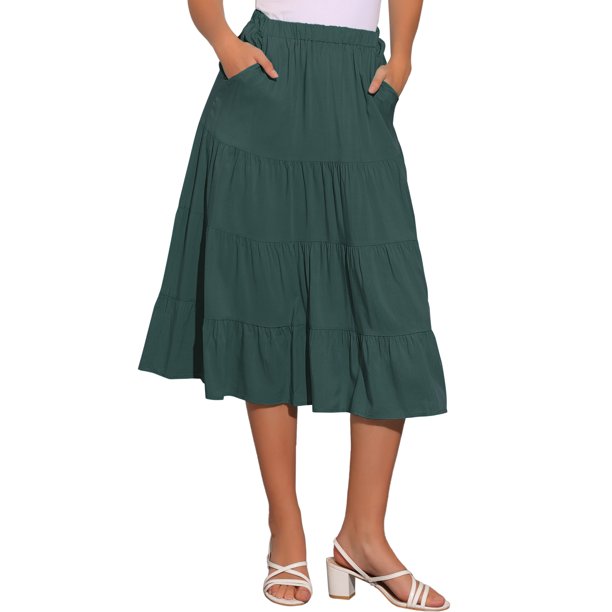 INSPIRE CHIC Falda Midi para Mujer Regreso a Clases Cintura Elástica Sólida Falda Acampanada en Línea A con Bolsillos Verde Militar S
