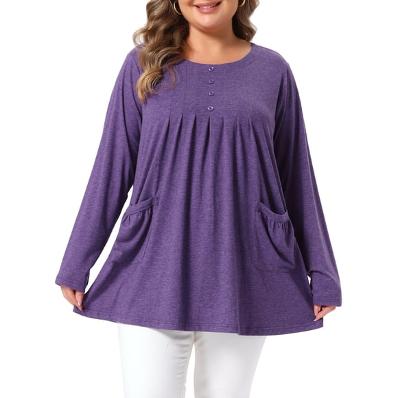 Agnes Orinda Blusa de Talla Grande para Mujer, Estilo Escolar Universitario, Cuello Redondo, Manga Larga, Plisada, Henley con Botones Decorativos y Bolsillos 1X Púrpura