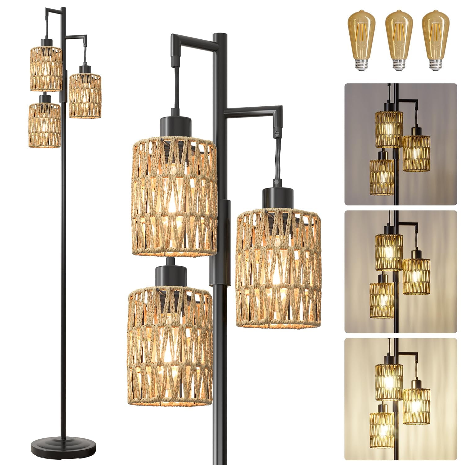 Lámpara De Pie Oneach 68 Sin Escalones, Regulable Con 3 Bombillas, Color Negro