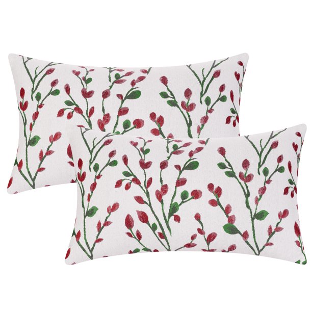 REGALWOVEN 2 Piezas Funda de Cojín Decorativa de Jacquard Bordado Clásico Teal para Exterior e Interior Flor Roja 12" x 20"