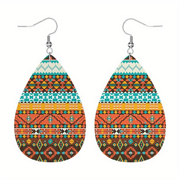 Bohemian Pattern Leather Earring Teardrop PU Dangle Party Earrings For Women Girls