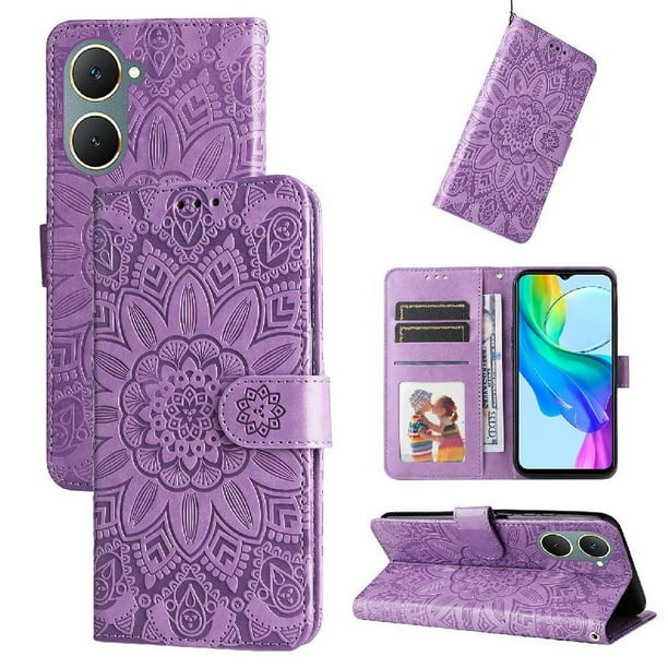 Funda tipo cartera FOXDOCK para Vivo Y03 4G , diseño girasol en relieve, cuero PU, cierre magnético, soporte y tarjetero