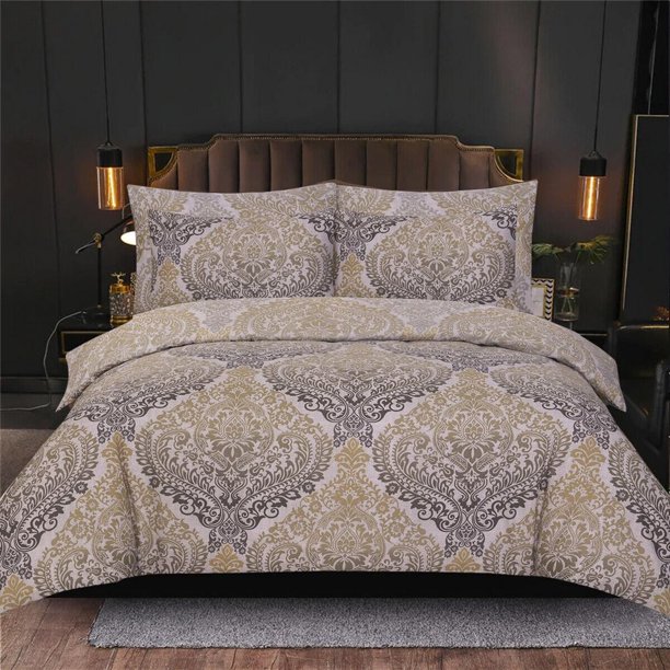 Family Gift Luxury Floral Print Damask Ocher Quilt Duvet Cover Set Queen 3-Piece Bedding Set