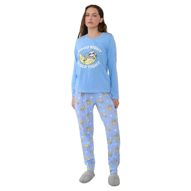Pijama Mujer Largo Algodón Print Celeste Corona