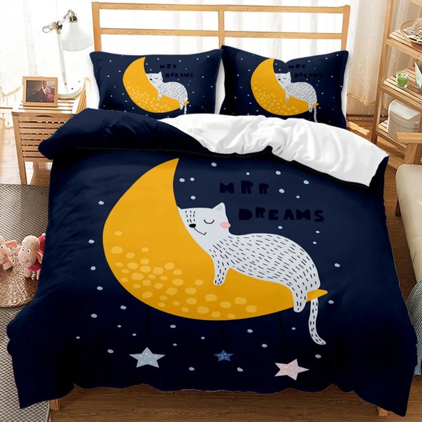 Cat Duvet Cover Queen Size,Cartoon Kitten Sleeping on Crescent Moon Stars Night Dreams Polyester Comforter Cover for Boys Bed Sheets