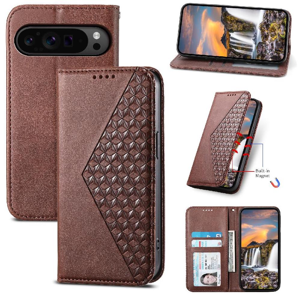 Funda Flip Foxdock Para Google Pixel 9 Pro , Estilo Billetera Con Diseño Rombo, Correa De Mano Y Soporte, Uso Diario