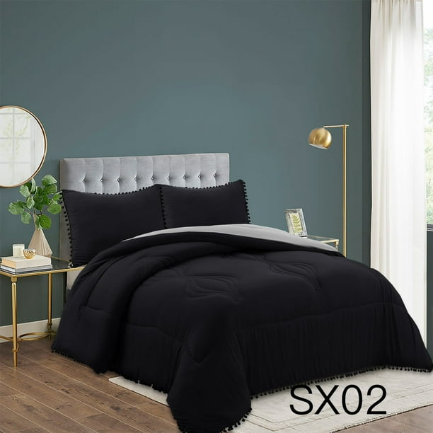 Edredon Nordico 100% Algodon Reversible y Acolchado 2 Plazas Color Negro y Gris
