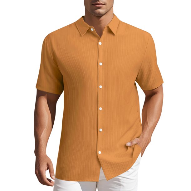 INSPIRE CHIC Camisas de Hombre para Regreso a Clases Camisa de Manga Corta con Botones para Playa de Verano Cuello de Punta Talla S Naranja