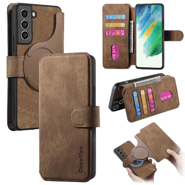 Funda Billetera Magnética para Samsung Galaxy S21 FE Soporte Tarjetas Desmontable Marrón