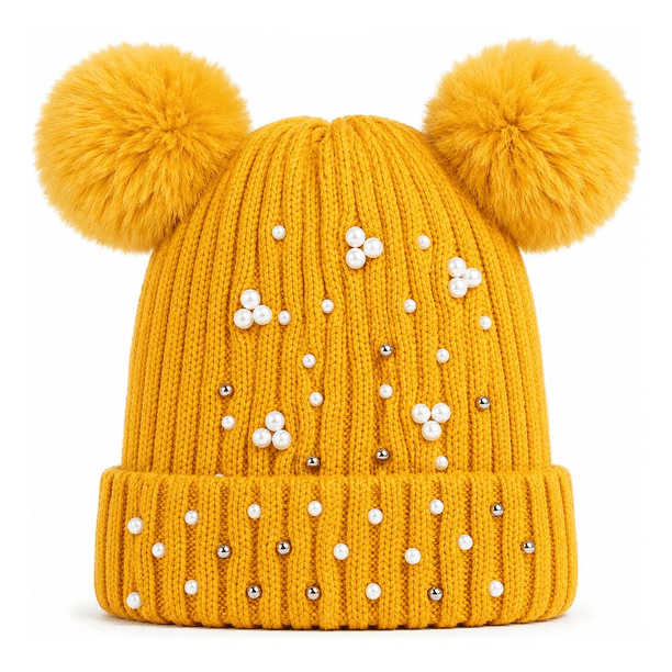 Gorro Dos Pompon Diseño Perlas Forrado Con Chiporro