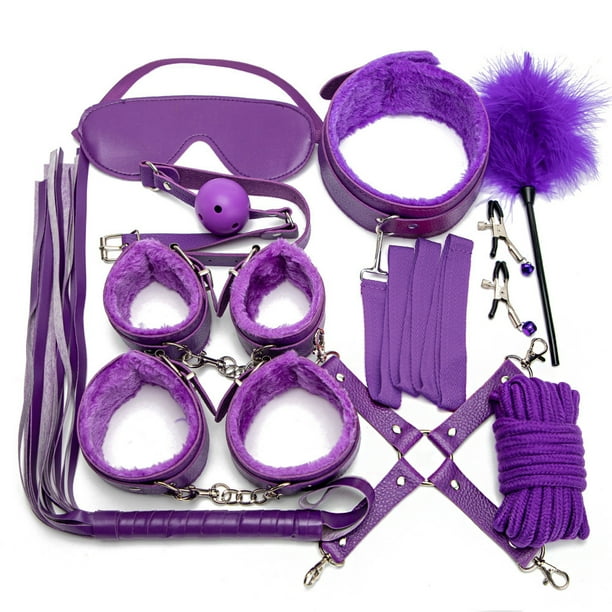 10pcs/set Men's Sexy Restraints Bondage Props, Plush Adjustable Handcuffs Shackles Collar, Whip, Eye Mask, Nipple Clips, Rope, Feather Tickler, Sex Toys, SM Tools, Sex Accessories, Couple Gift