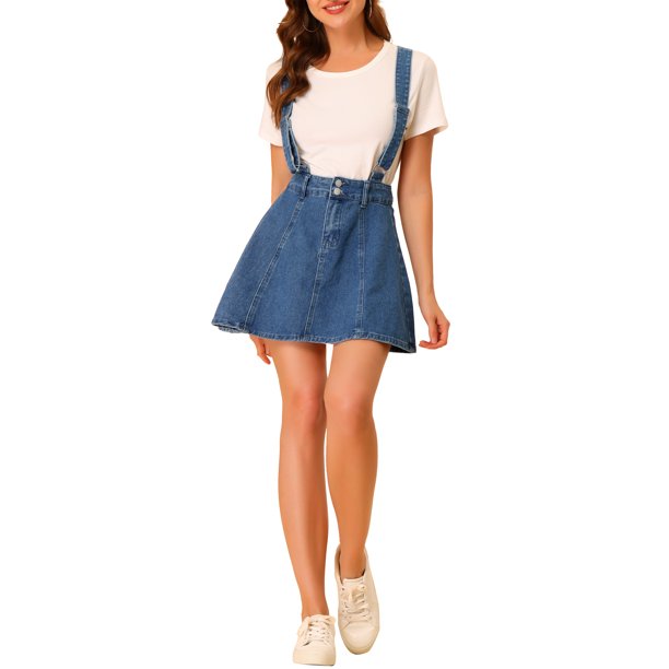 Falda de mezclilla para mujer de vuelta a la escuela con tirantes ajustables, mini falda con tirantes lavada en azul M S