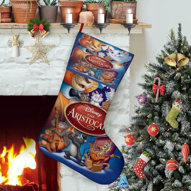 Los Aristogatos Tema: Calcetines de Navidad, fino lino blanco para colgar en escaleras y chimenea, decoración navideña para el hogar, regalo de Navidad.54cm×38cm
