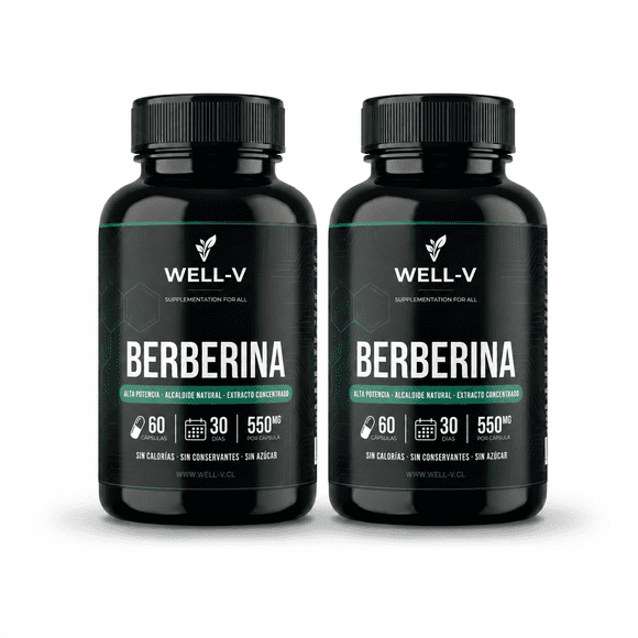Pack 2x Berberina Alta Potencia 550mg Extracto Concentrado WELL-V - 120 Cápsulas (2 Frascos)