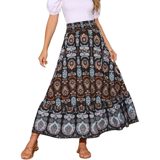 INSPIRE CHIC Falda Larga de Verano con Volantes y Estampado Floral de Cintura Alta en Línea A para Mujer M Negro