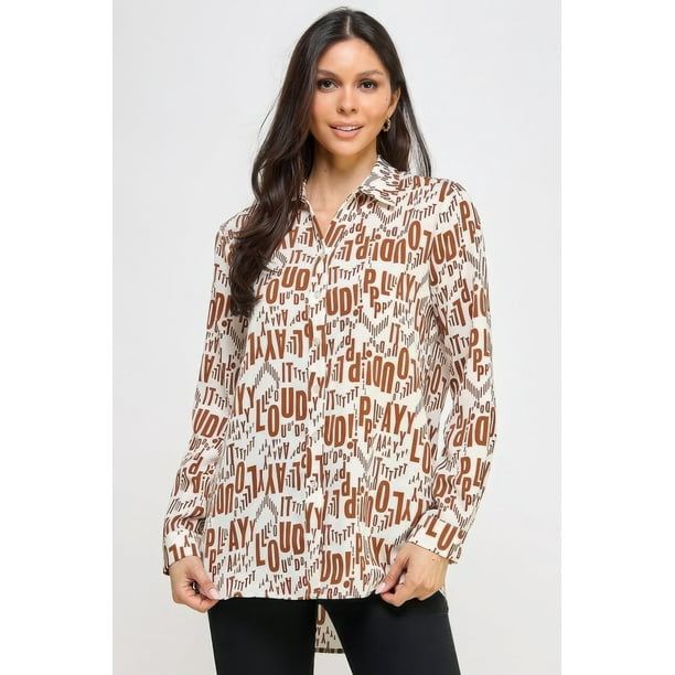 Elegante Túnica De Satén Con Estampado Manga Larga Botones Al Frente Color Óxido marfil (para Mujer)