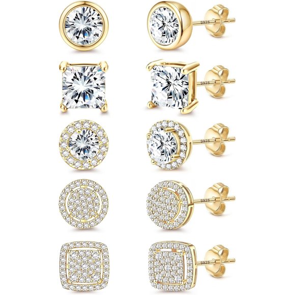 FIBO STEEL 14K Gold Plated Stud Earrings for Men, Sterling Silver