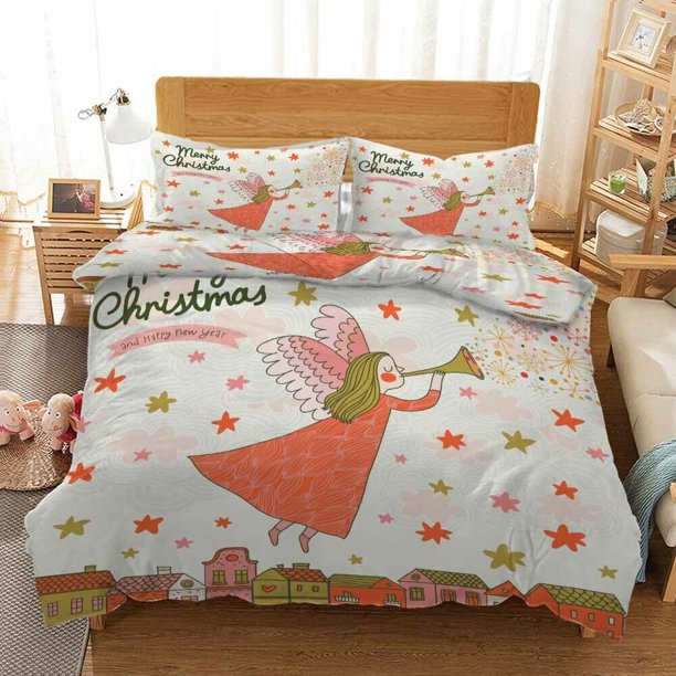 Flute Angel Christmas Print Duvet Quilt Covers Pillow Case Bedding Sets3-Piece Bedding Set (1 Duvet Cover + 2 Pillow Shams)