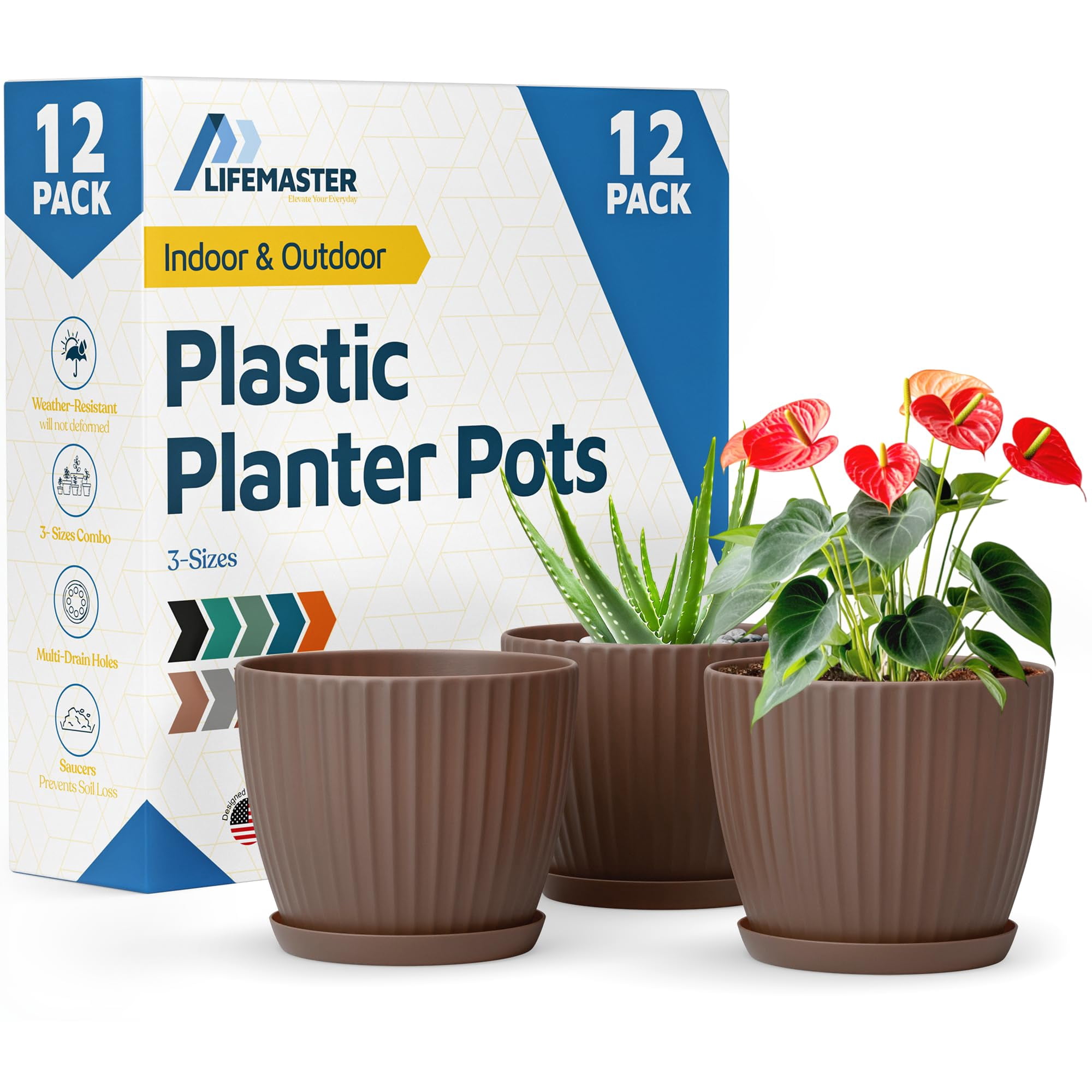 Macetas Lifemaster Marrones De 6" Con Platos, Paquete De 12