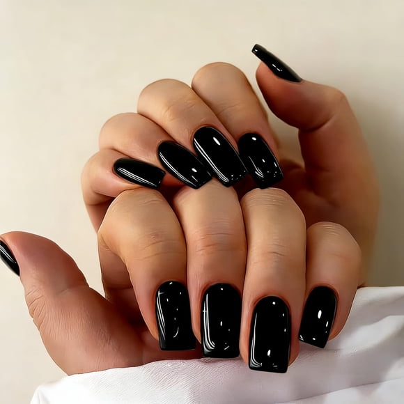 Uñas Postizas JOYVVEW Medianas Cuadradas Negro Brillante 28 Piezas