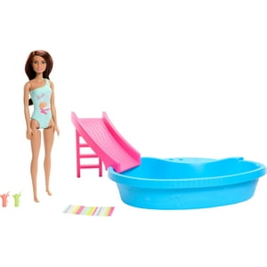 Playset Barbie Doll & Pool Con Acceso A Tobogán, Toalla Y