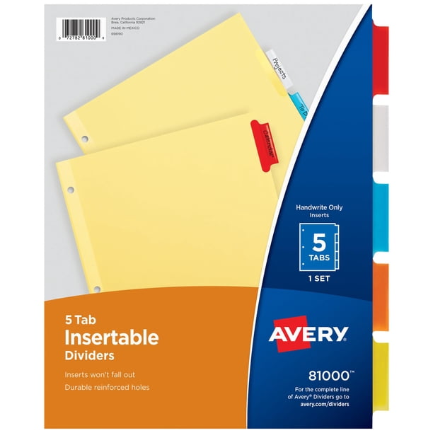 Juego de separadores de carpetas insertables Avery de 5 pestañas para carpetas con 3 anillas