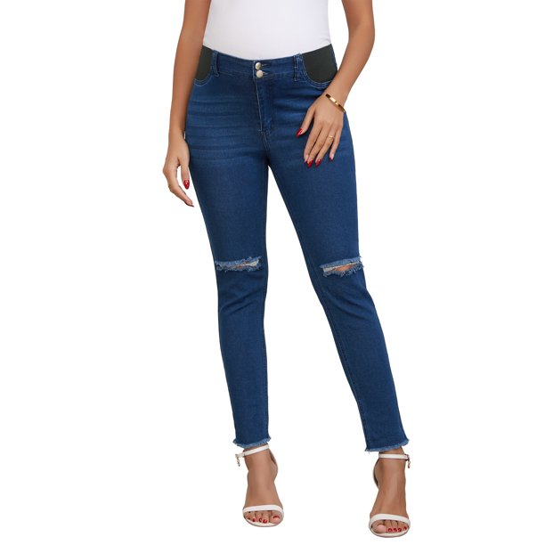 INSPIRE CHIC Pantalones Vaqueros Ajustados para Mujeres Embarazadas con Panel Lateral de Cintura Alta y Rasgados, Pantalones de Mezclilla Altamente Elásticos con Bolsillos 2026 Azul Profundo Medio