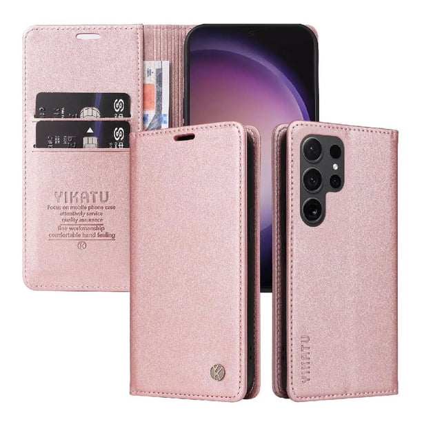 Funda Billetera de Cuero para Samsung Galaxy S24 Ultra con Tarjetero y Soporte - Tapa Magnética Rosa