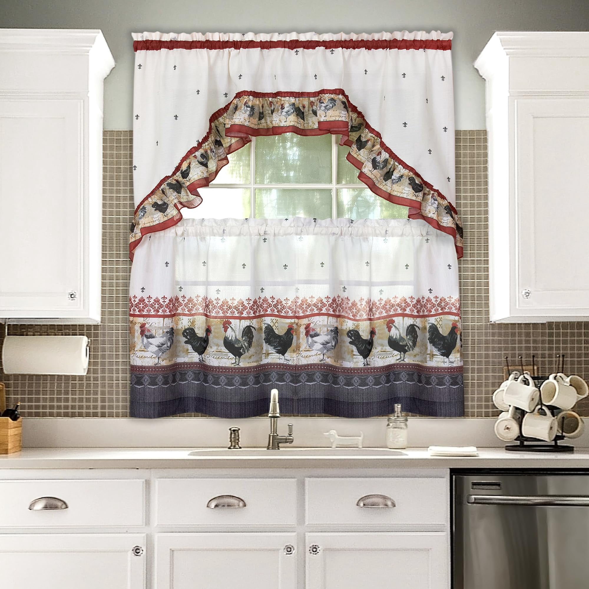 Juego De Cortinas Para Ventana Con Estampado Achim, Diseño De Gallo Y Estampado