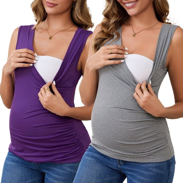 INSPIRE CHIC Camisetas Básicas sin Mangas para Maternidad con Fruncido Cruzado de 2 Paquetes para Mujeres, Camiseta de Lactancia para Amamantar, Talla Extra Grande, Gris y Púrpura