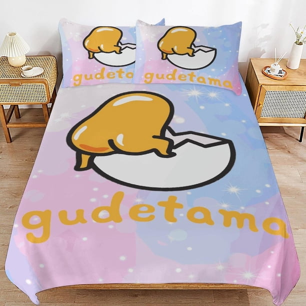 Juego de ropa de cama de microfibra con funda nórdica Gudetama, estampado 3D, ligero, de 3 piezas, 1 funda nórdica y 2 fundas de almohada para niños y niñas.