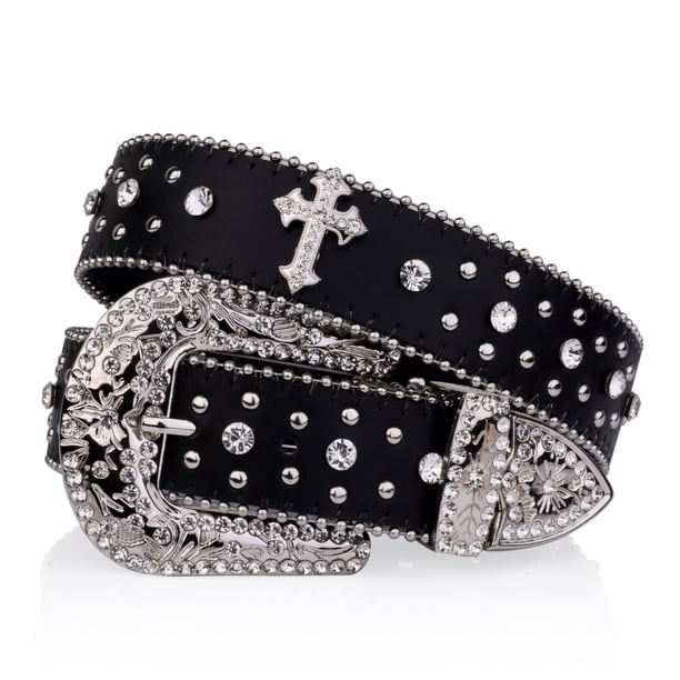 Rhinestone Cross Rivet Belt with Engraved Buckle - Hip Hop, Jeans, Pants, Western, Cowboy, Cowgirl Belts