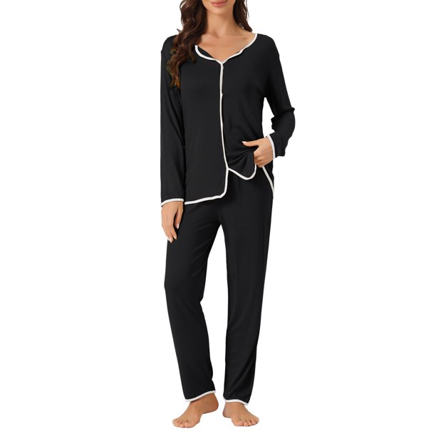 INSPIRE CHIC Conjunto de Pijama de Mujer de Rayón con Manga Larga y Cuello con Muesca, Ropa de Dormir con Ribete en Contraste, Conjunto de Pantalones Suaves para Estar en Casa XS Negro