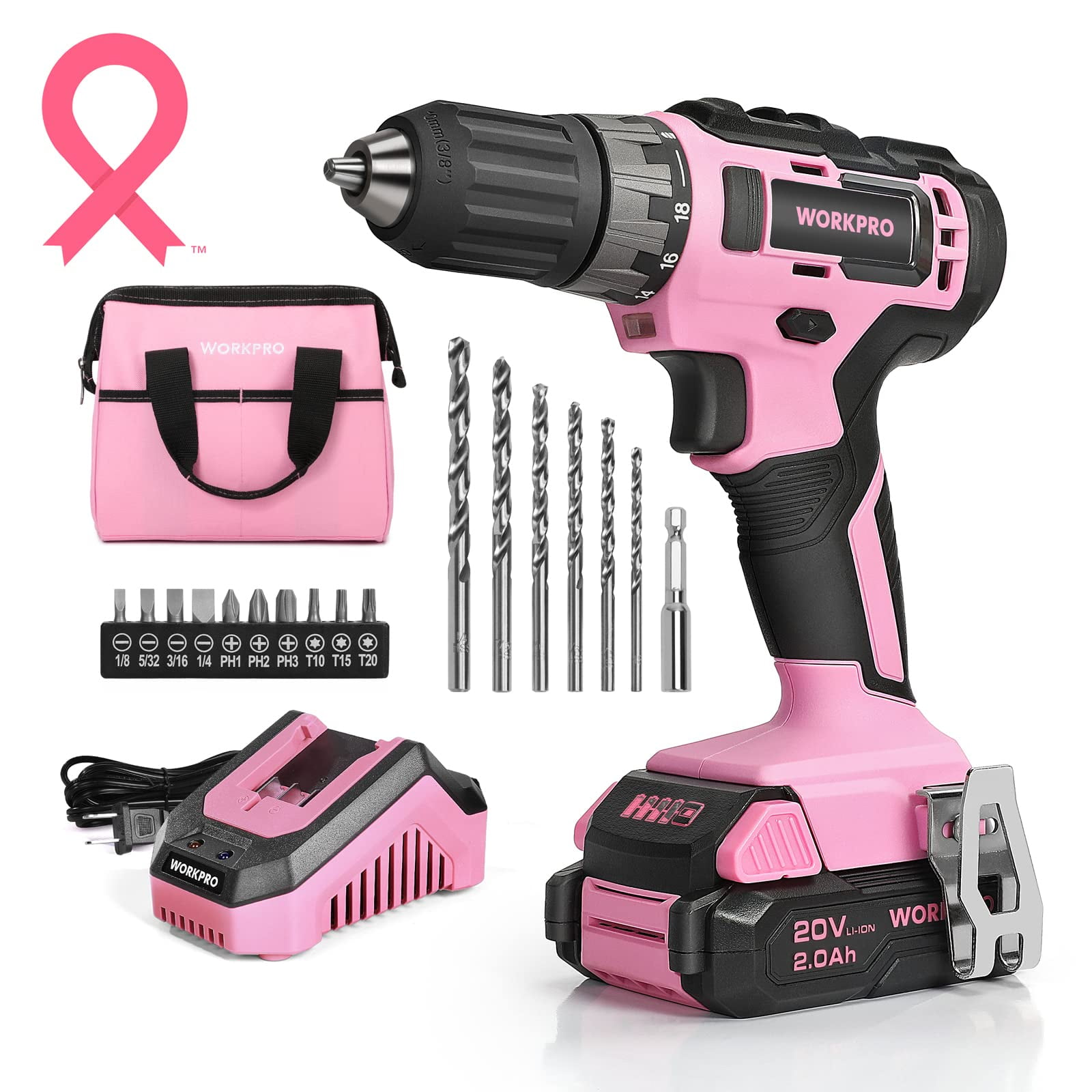 Workpro - Taladro Inalámbrico 20v Rosa 2 0ah Con Cargador