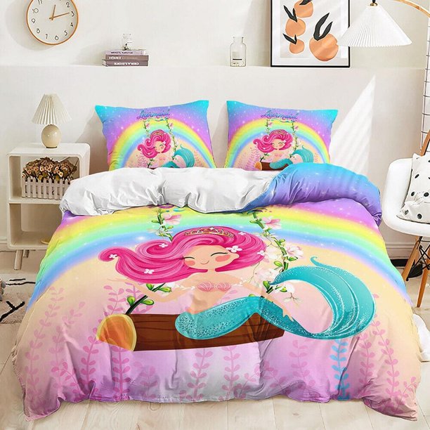 Mermaid Moon Night Stars Quilt Duvet Cover Set Doona Cover Soft Children3-Piece Bedding Set