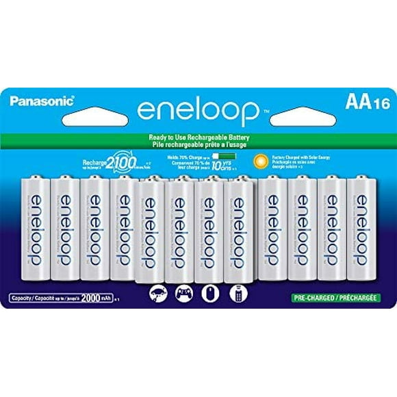 Baterías recargables precargadas Panasonic Eneloop de 16 pilas AA NiMH (versión más reciente) - - Recargable 2100 veces