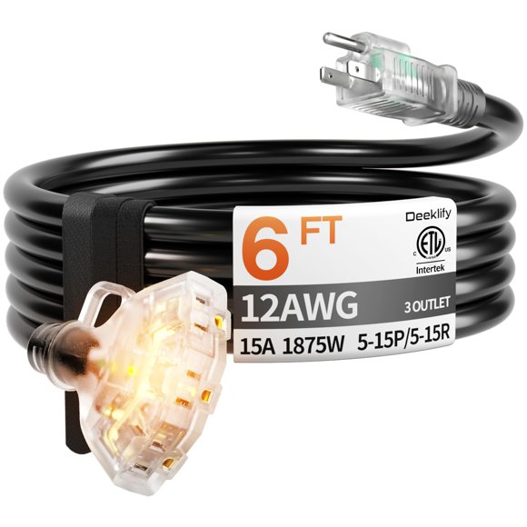 Cable de extensión Deeklify 1,8 m 12 AWG 3 tomacorrientes negro