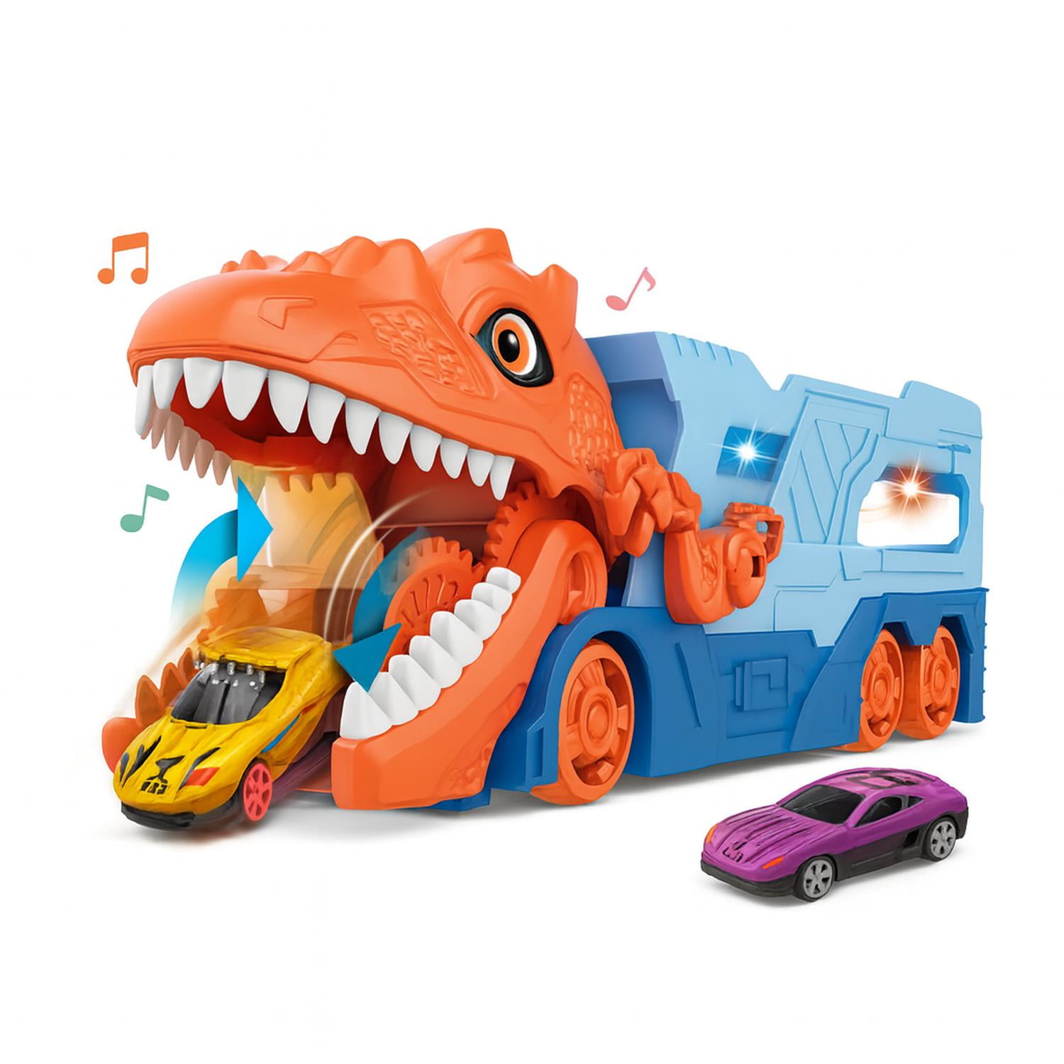 Fliperex - Camion Transportador Porta Autitos Infantil Dinosaurio Juego Naranja