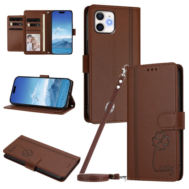 Funda Cartera Trébol para iPhone 12/12 Pro con Ranuras Tarjetas y Carga Inalámbrica Marrón